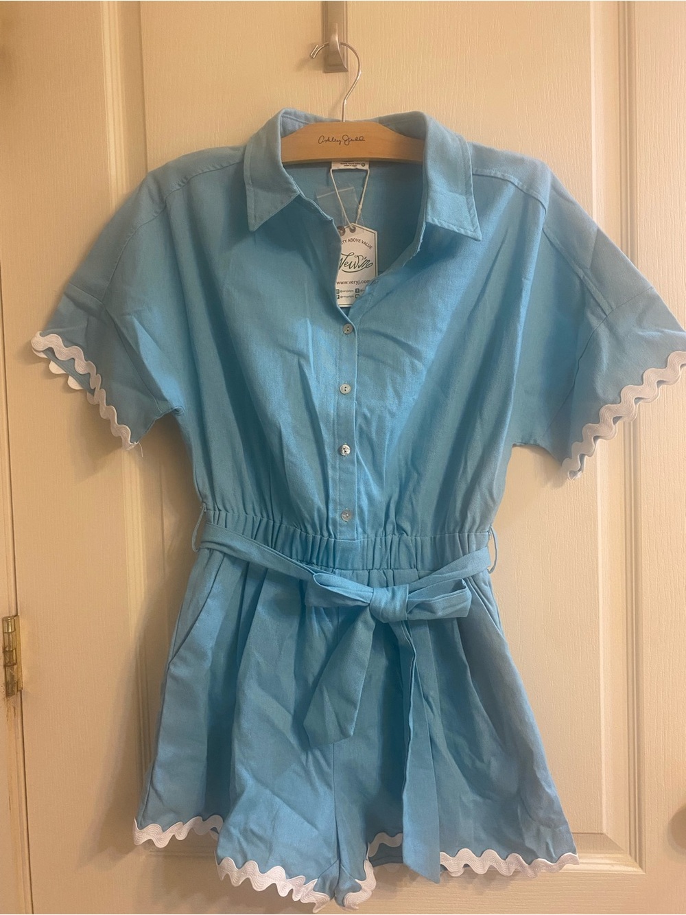 Light Blue Short Sleeve Collared Romper with White Trim